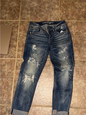 American Eagle Outfitters Ripped Medium/Dark Blue Boyfriend Jeans
